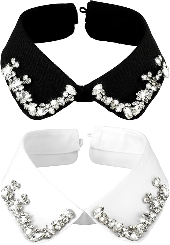 2 PCS Collars for Women, Rhinestone Fake Collar, Detachable Fakecollar for Shirt, Sweaters, Jackets, Shirts, Dresses, Uniforms, White Black Classic Style