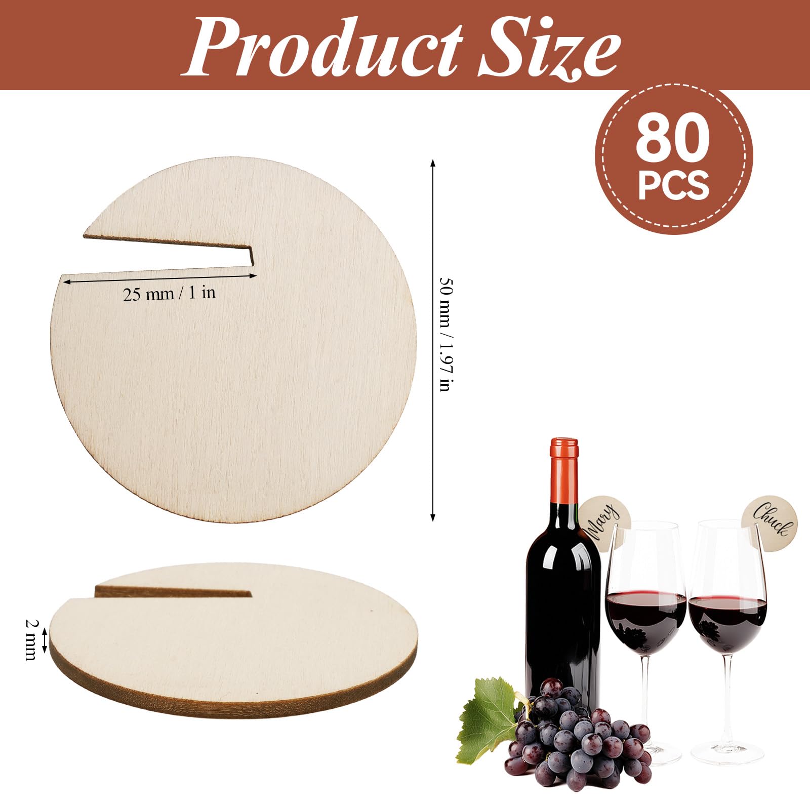 Lot De 80 Marque Verre A Pied, 50 Mm Marqueurs à Verre à Vin En Bois