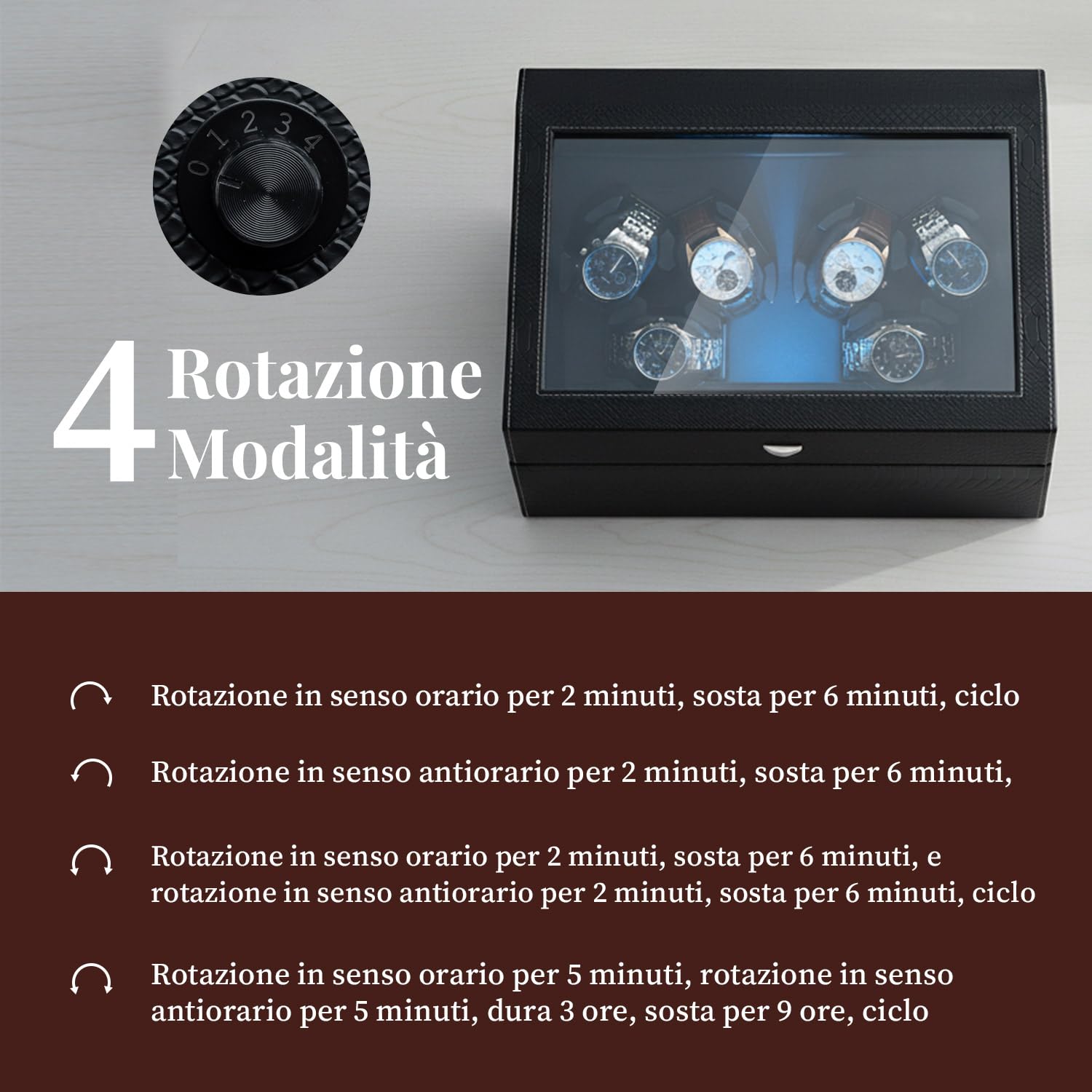Mcbazel Carica Orologi Automatico Ultra Silenzioso con Luce LED, Scatola di Conservazione di Lusso per 6 Orologi con 5 Modalità di Rotazione e 6 Posizioni di Conservazione Aggiuntive
