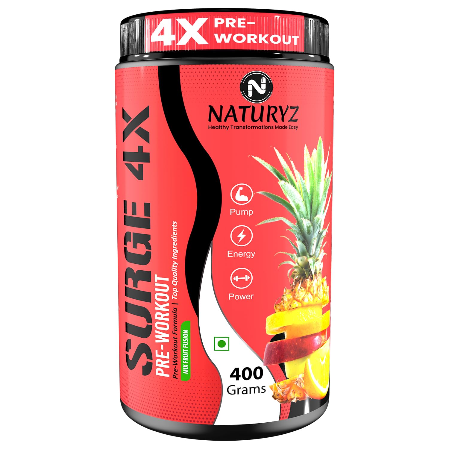 Naturyz Surge 4X Pre Workout, 400g Powder (Mix fruit fusion flavour) with 4000mg Beta-Alanine, 3500mg L- Citrulline,Creatine,L- Arginine & Aminos