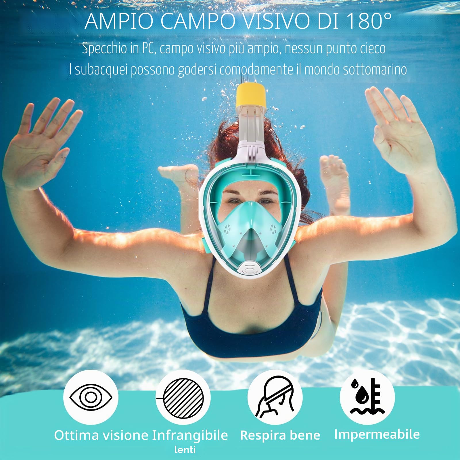 Maschera Snorkeling, Yanghad Maschera Subacquea Adulti, Visione Panoramica ad Alta Risoluzione, Design del Canale Antiappannamento con Doppio Flusso d'Aria, Visiera Resistente Agli Urti(S/M, verde)