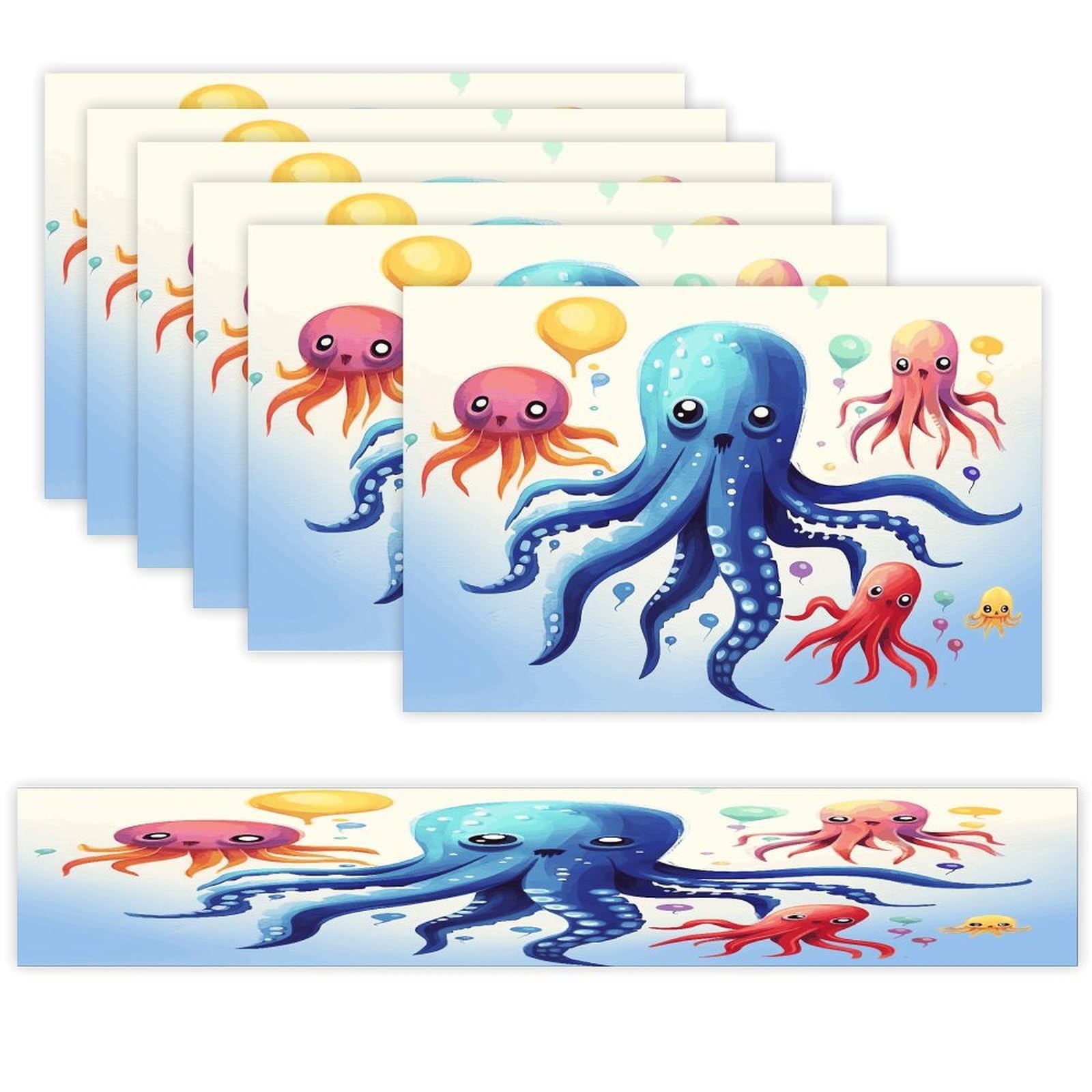 Colorful Squid Octopus Table Runner and Placemats Set of 6 for Kitchen Washable Table Mats Heat Resistant Place Mats Non-Slip Place Mat Wipeable Placemat(6 Placemats+1 Table Runner)