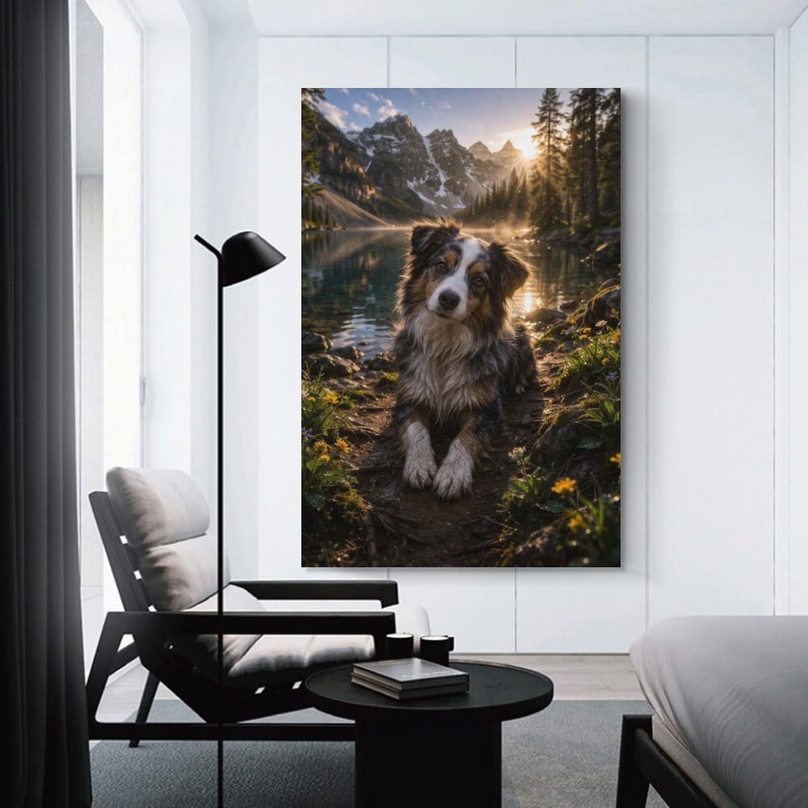 Junmoney Unframe-Style-17 Dog By A Mountain Lake At Sunrise Canvas Wall Decor, 24X36inch(60X90cm), For Wall Displays, Bedrooms Or Room Updates, Wall Decor Suited To Curated Displays