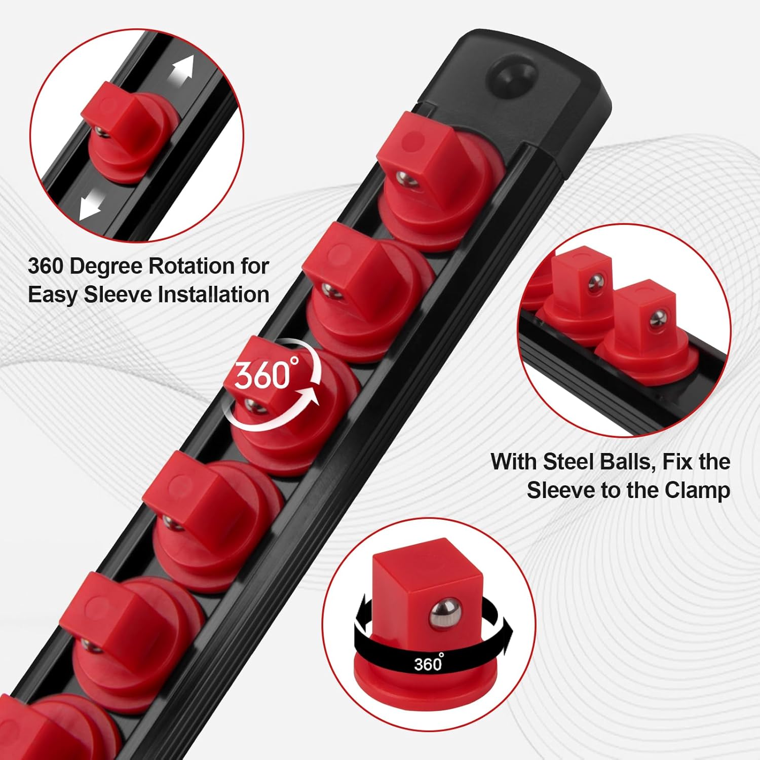Fivepears Magnetic Socket Rails Storage Organizer, Heavy Duty Aluminum ABS Socket Holders, 360 Swivel Clips for Tool Box, 3/8 x 14, 1/2 x 12, 1/4 x 14 (Red)