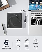 Vista 5 de Unidad externa de CD/DVD para portátil, unidad de DVD externa, reproductor de DVD, lector de CD portátil para portátil, grabadora de CD compatible