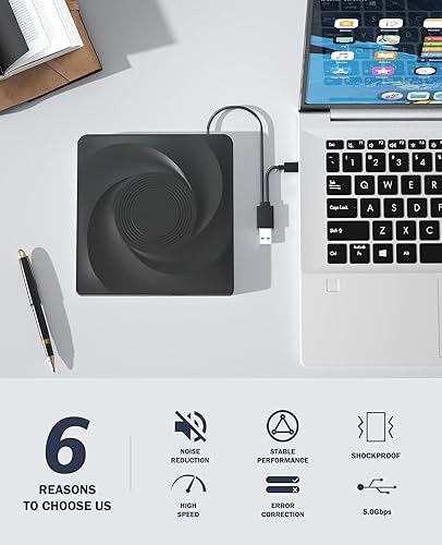 Miniatura 5 de Unidad externa de CD/DVD para portátil, unidad de DVD externa, reproductor de DVD, lector de CD portátil para portátil, grabadora de CD compatible