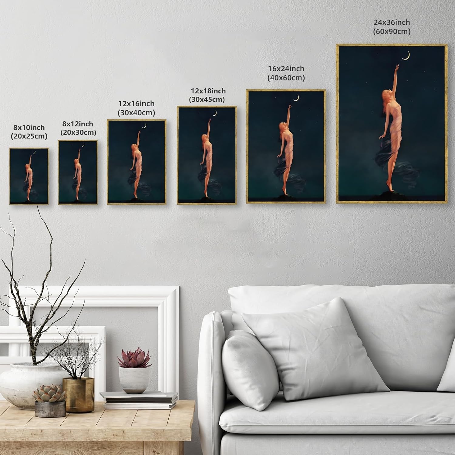 Gold Framed Reaching for the Moon by Edward Mason Eggleston Canvas Wall Art Vintage Night Sky Goddess Poster Classic Woman Crescent Painting Reproduction Feminine Aesthetic Wall Decor 12x16inch
