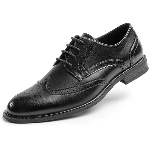 Mens Classic Dress Oxfords, Wingtip Prince Modern Formal Lace Up Shoes, Round Toe, TPR Outsole