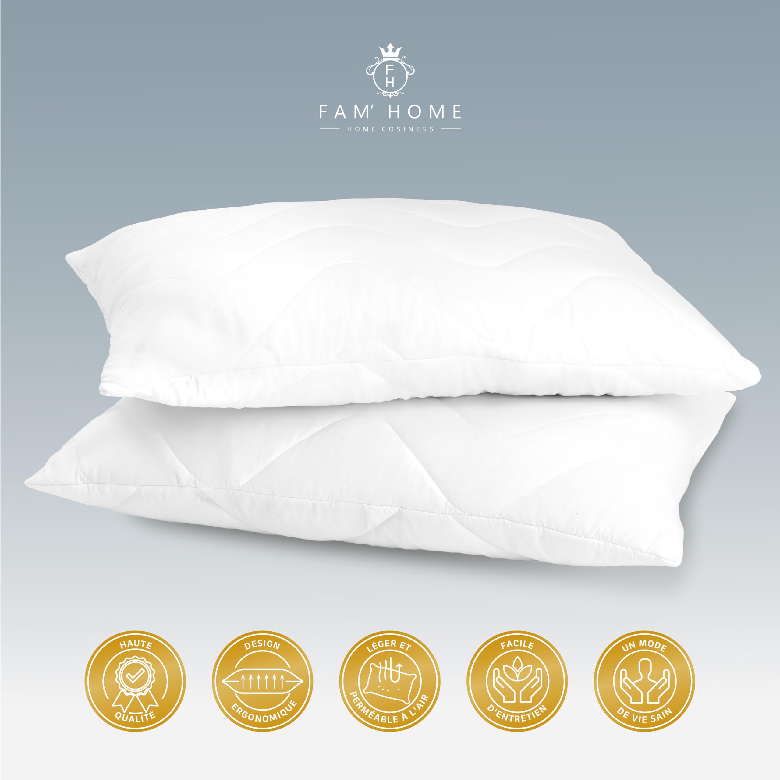 FAM' Home de Luxe Coussin 50x70 Lot de 2 - Garnissage volumétrique (720g) - Blancs ergonomiques - Entretien Facile - Lavable Jusqu’à 95 °C - Moelleux Oreiller 50x70 Hypoallergéniques - Anti acarien
