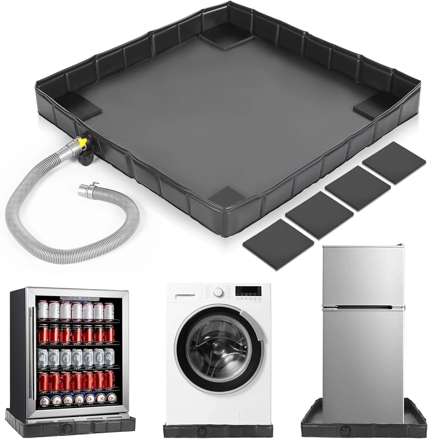 31 x 31 x 3 Inch Foldable Washing Machine Pan Washer Drain Pan with Drain Hole and 4 Pcs Mat, Non Slip Leak Proof Anti Vibration Waterproof Drip Tray for Washer Dryer Floor Protection
