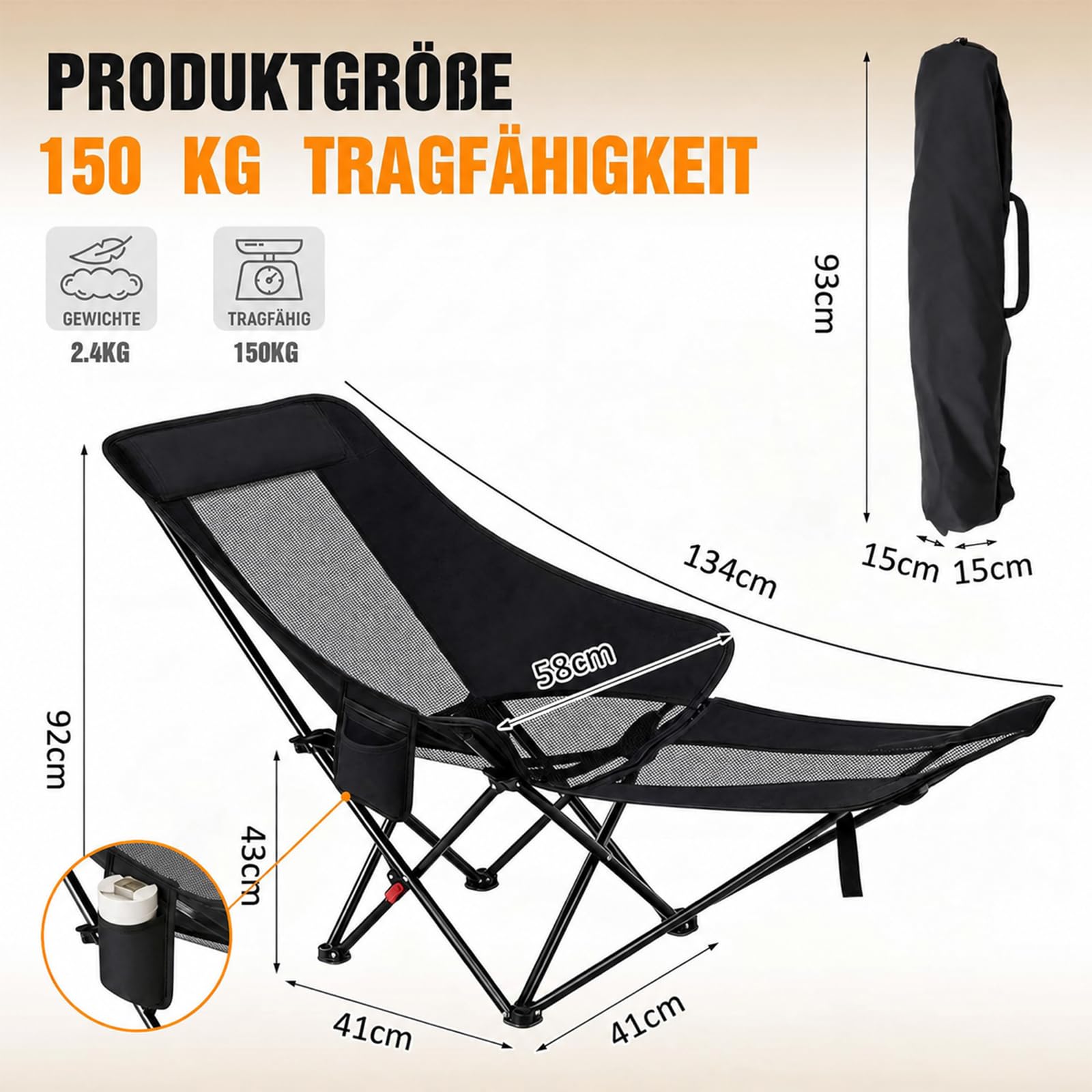 Jadive Set 4 Sedie da Campeggio 2 in 1 con Poggiapiedi 150kg – Sedia Pieghevole con Schienale Regolabile 3 Posizioni, Poltrona Relax per Campeggio, Spiaggia e Outdoor