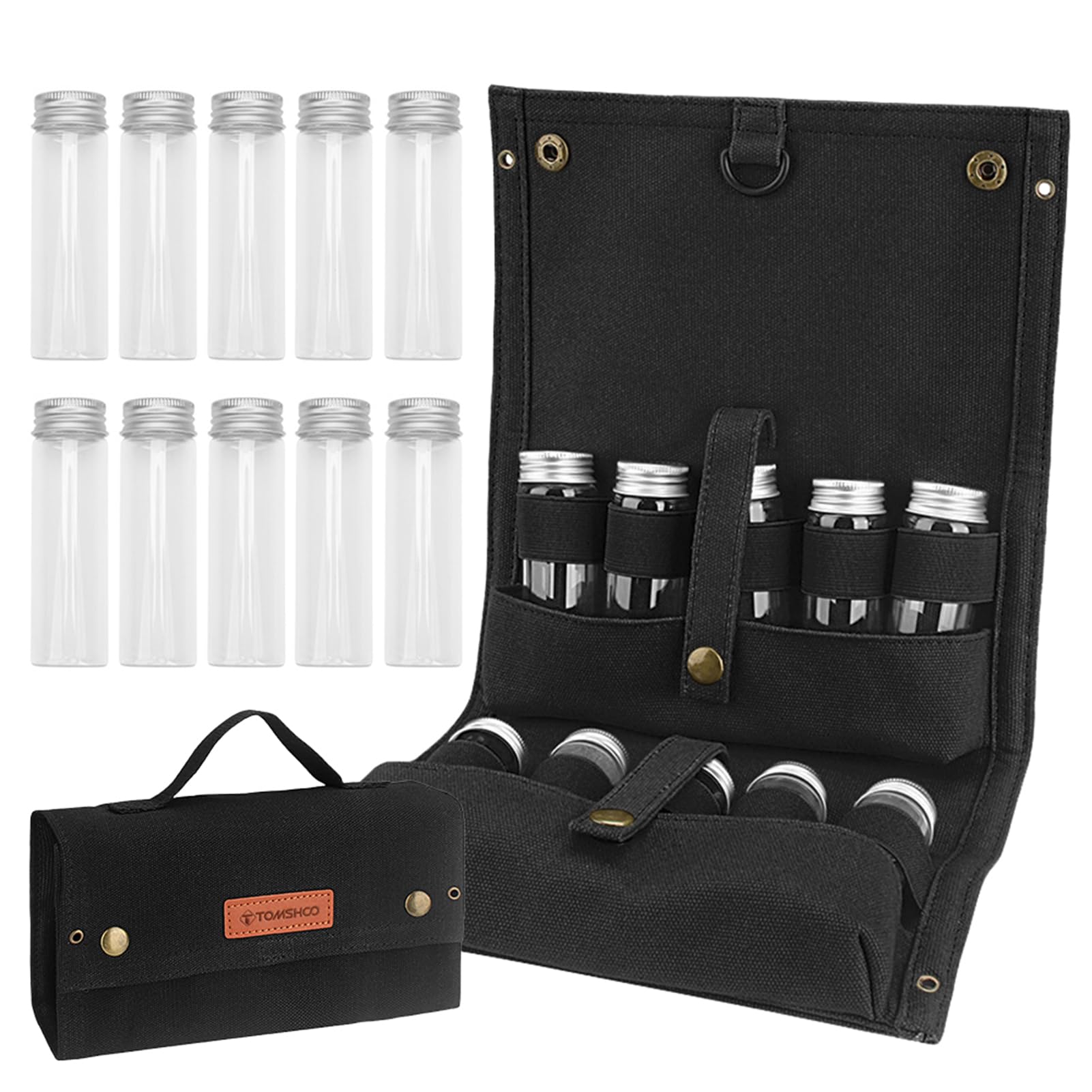 Portable Camping SeasoningKit with 10 Clear Jars, Foldable Canvas Seasoning Storage Bag Organizer, Hanging SeasoningBottle Holder for Outdoor Camping BBQ Picnic Travel (Black)