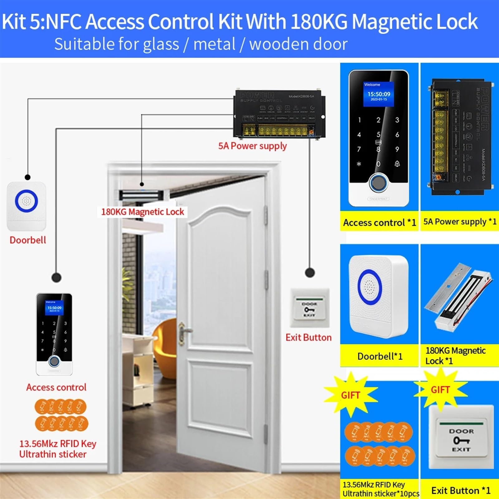 Kits de de Control de acceso de cerradura de puerta con pantalla de 1,77 pulgadas, teclado Bluetooth, lector de tarjetas IC RFID con huella dactilar, teclado de Metal(Szary)
