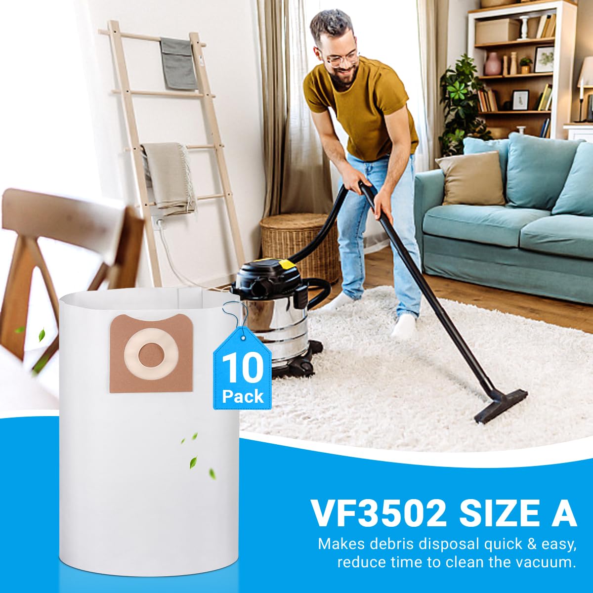 Paquete de 10 bolsas de polvo de alta eficiencia VF3502 de repuesto para aspiradoras húmedas y secas RIDGID de 12 a 16 galones, bolsas de filtro de vacío