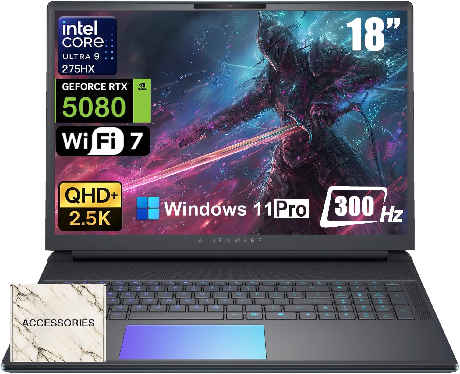 18 Area-51 Gaming Laptop - Intel Ultra 9 275HX (24-Core, Up to 5.4GHz), RTX 5080 GDDR7, 16" 2.5K QHD+ 300Hz, 64GB DDR5, 4TB SSD, Backlit KB, w/DVD Drive, Win 11 Pro, Office Lifetime