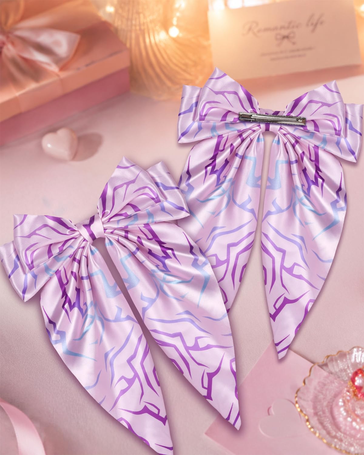 K-Style Demon Movie Hunters Hair Bows,Pink Demon Energy Hair Accessories for Girls, Oversized Hunters Satin Hair Bow Clips, Long Tail Silky Hair Ribbon Clips for Women Girls Fans-Pink