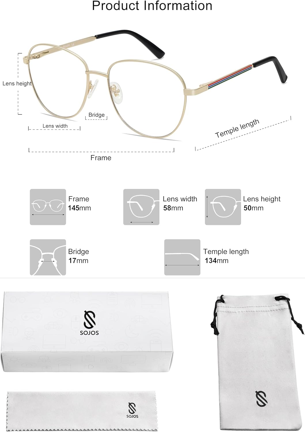 SOJOS Oversized Aviator Blue Light Blocking Glasses for Women Men, Metal Frame Clear Lens Eyeglasses SJ5098 - Image 6