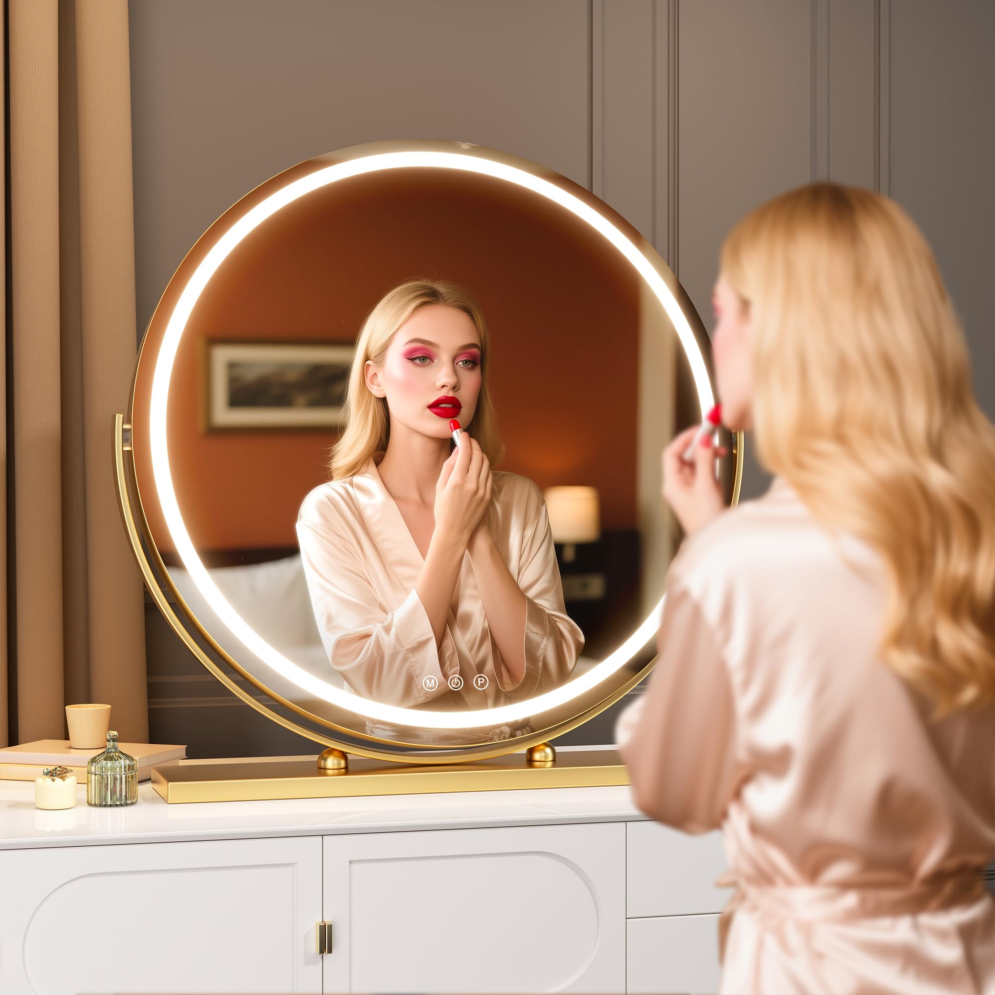 Hasipu Specchio cosmetico con luci, specchio per il trucco a LED da 23,6 pollici, specchio per il trucco illuminato con luci, controllo intelligente touch, specchio rotondo dimmerabile in 3 colori