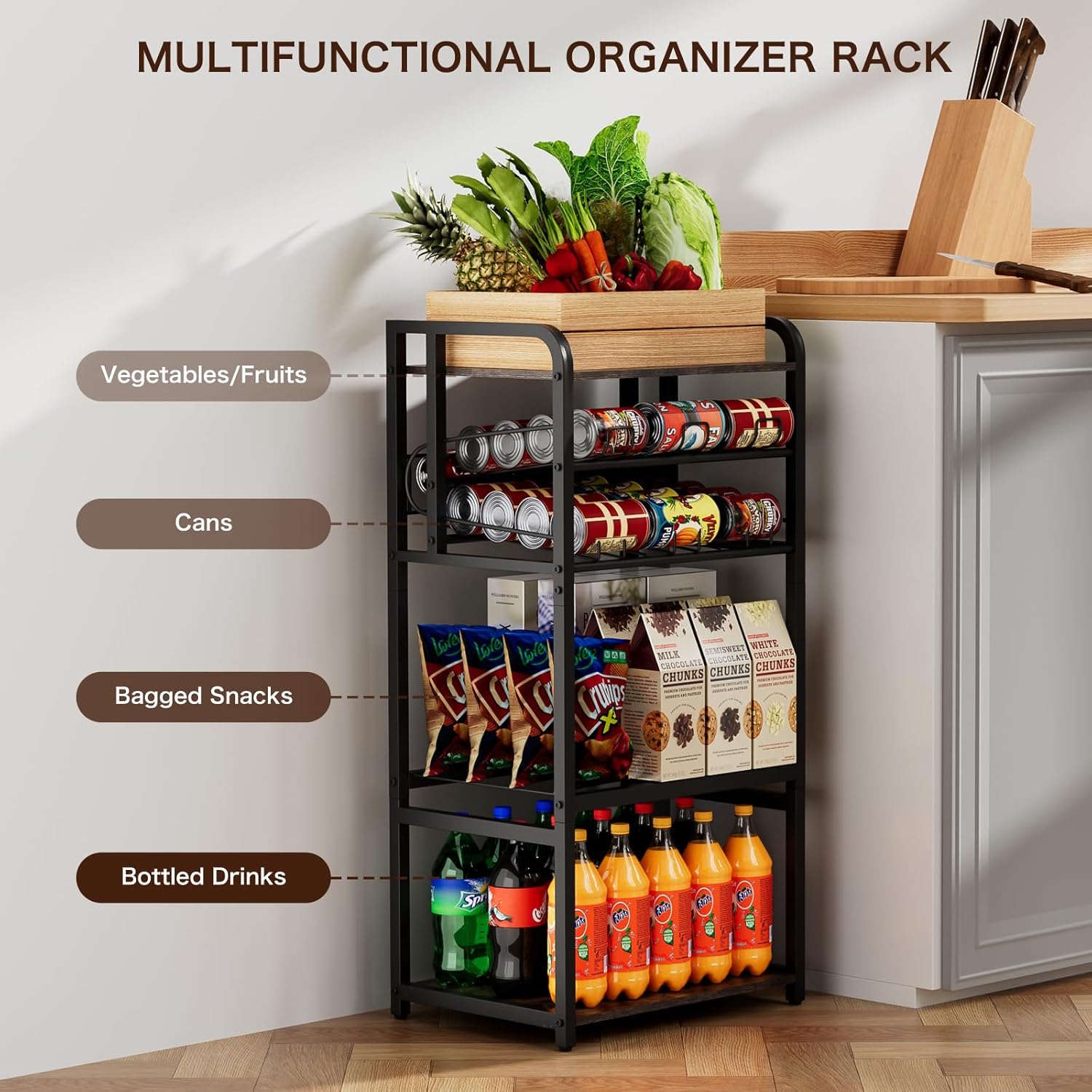Kadolina Soda Can Organizer for Pantry, 5-Tier Storage Shelf, Kitchen Organizers and Storage, Multifunctional Snack Organizer Rack, Standing Can Rack for Pantry/Kitchen (Black)