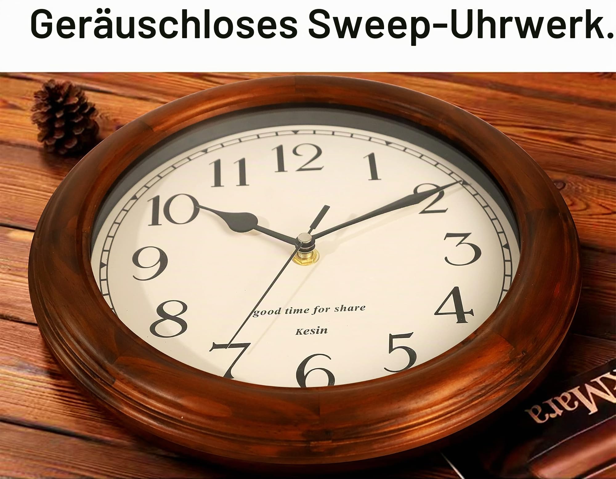 Wanduhr aus Holz mit Retro-Design, 27,9 cm, runde Wanduhr, batteriebetrieben, geräuschlos, Nicht tickend, große arabische Ziffern, für Küche, Wohnzimmer, Klassenzimmer, Fitnessstudio und Pool, Braun