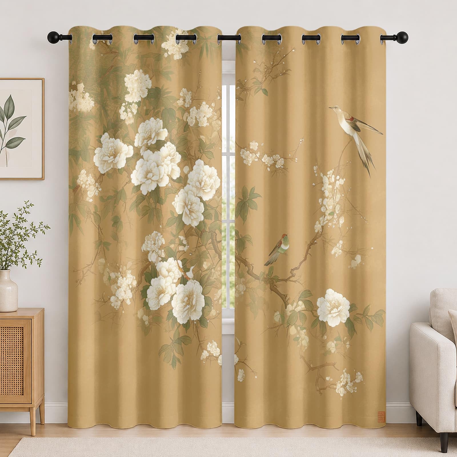 Infantil Cortinas Opacas Aislantes 2 Paneles 140An x 260Al cm Pintura de flores y pájaros de estilo chino Suave Poliéster Termicas Cortina con Ojales Marrón para Salon Dormitorio Hogar Decorativa