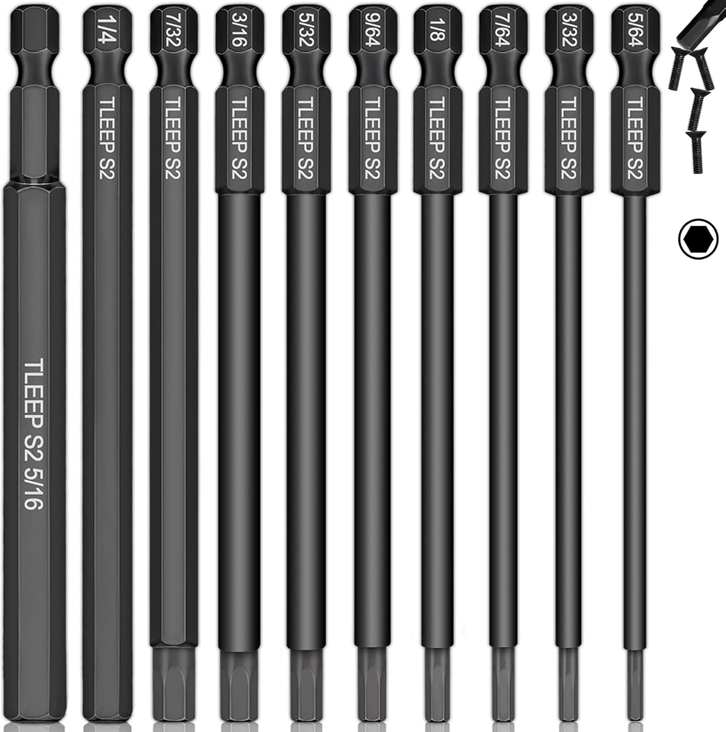 10 x Long 100MM 1/4 Inch Hex Head Allen Wrench Drill Bits, 5/16” to 5/64”, SAE, Magnetic Tips Screwdriver Socket Bit Set for Ikea Type Furniture (S2 Steel 5/16 inch to 5/64 inch)