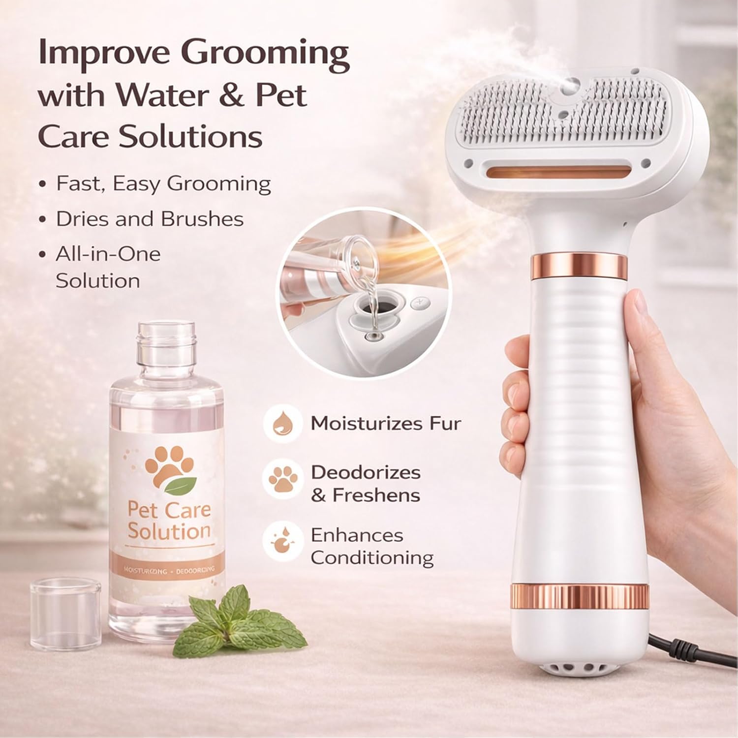 All-in-One Steam Pet Grooming Brush for Dogs & Cats, Soft Brushing with Drying & Deshedding, Calm Home Grooming Tool for Daily Use