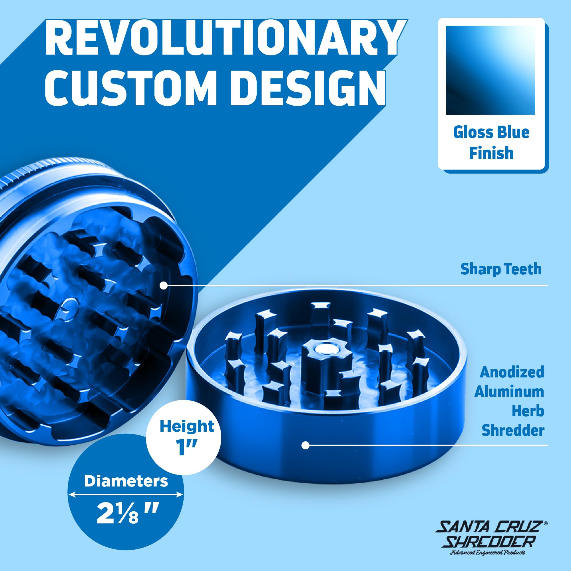 Santa Cruz Shredder Metal Herb Grinder Knurled Top for Stronger Grip 2-Piece 2.2" (Blue), 2 1/8″ Diameter, Height : 1" - Image 2