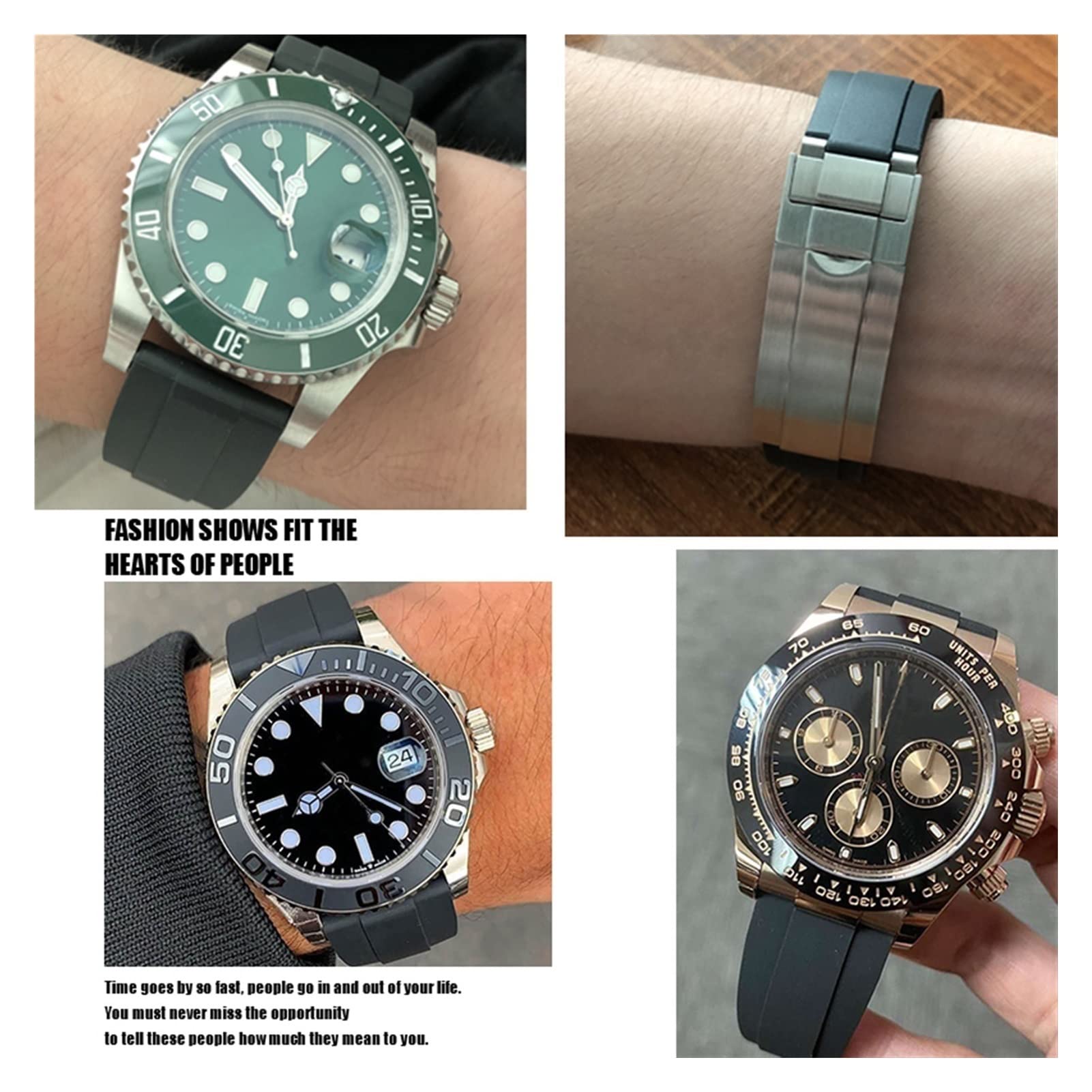 Do gumowego paska do zegarka Rolex 20 mm, 21 mm, ze srebrną klamrą i łukowymi uszczelkami.