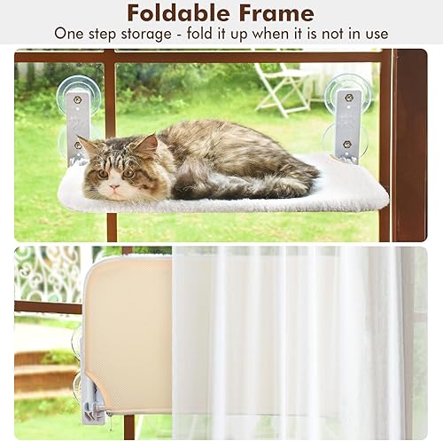 Miniatura 4 de AMOSIJOY Percha inalámbrica para ventana de gato, hamaca para pared con 4 ventosas fuertes, marco de metal sólido y cubierta reversible, camas