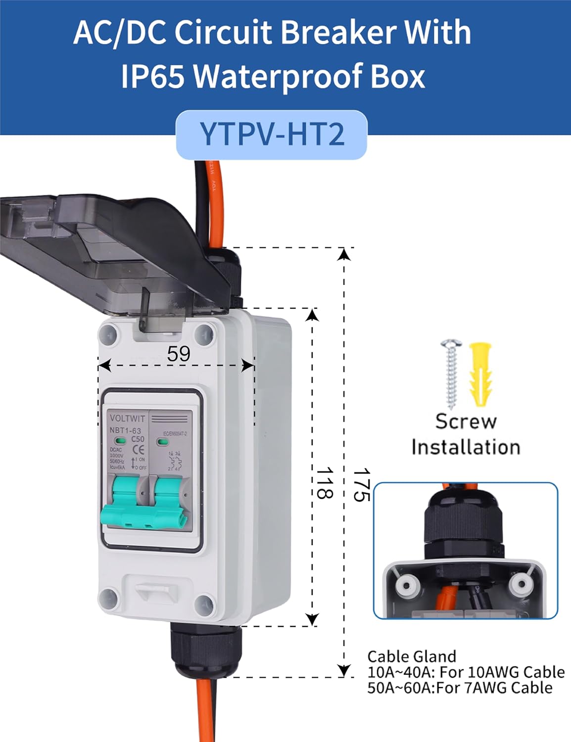 VOLTWIT Solar Disconnect Switch with Circuit Breaker，IP65 Outdoor,Overload Protection，for Solar Panel System, Battery, Inverter,1000V 50A