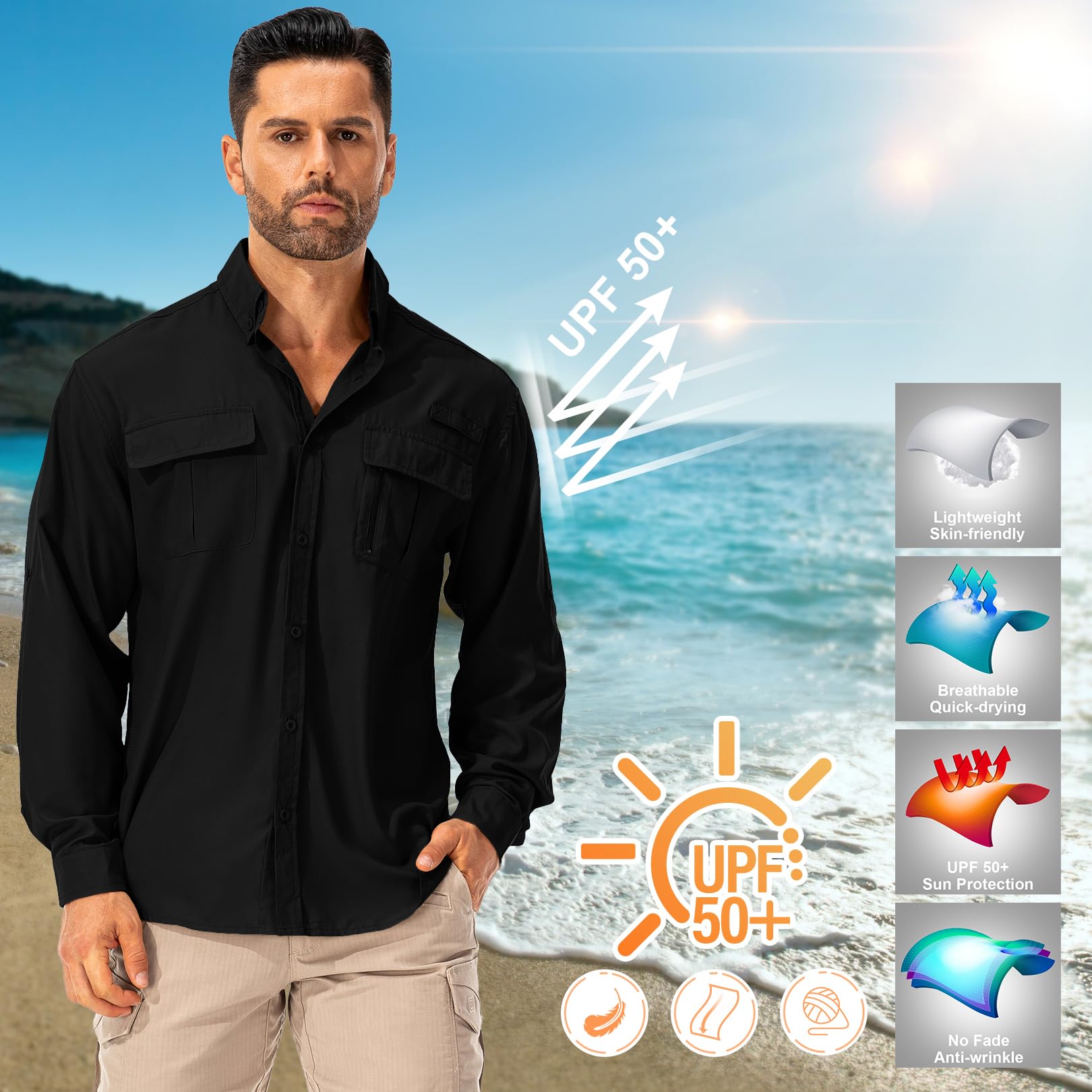 mosingle Camisa de senderismo de manga larga para hombre, protección solar UV, safari, pesca, al aire libre, camisa de secado rápido, ligera, para caminar y viajar