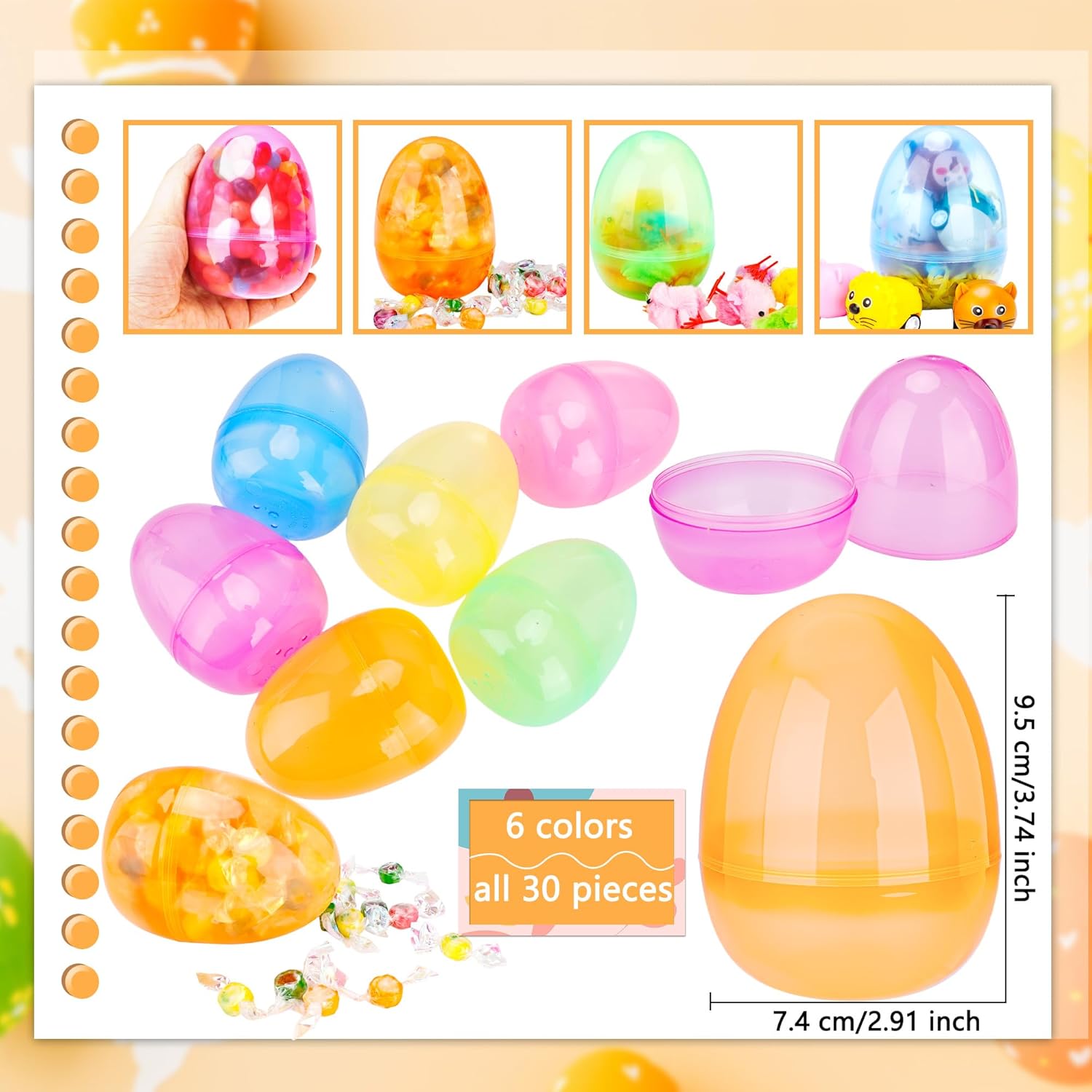 30 Pack 4 Inch Translucent Easter Eggs with Flat Bottom Colorful Fillable Large Plastic Eggs for Easter Basket Fillers Egg Hunt Party Supplies, 6 Colors