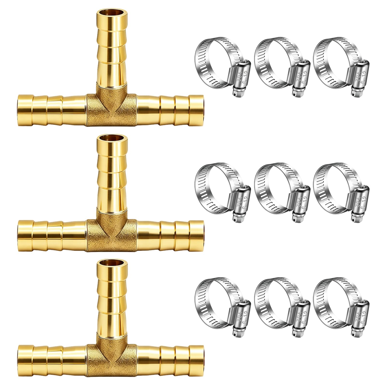 2pcs 5/16 "latón Tee Barb Fitts,3 vías Unión Intersección montaje T forma de púas Splitter montaje empalmador con abrazaderas de manguera para agua combustible aire H-058-5/16