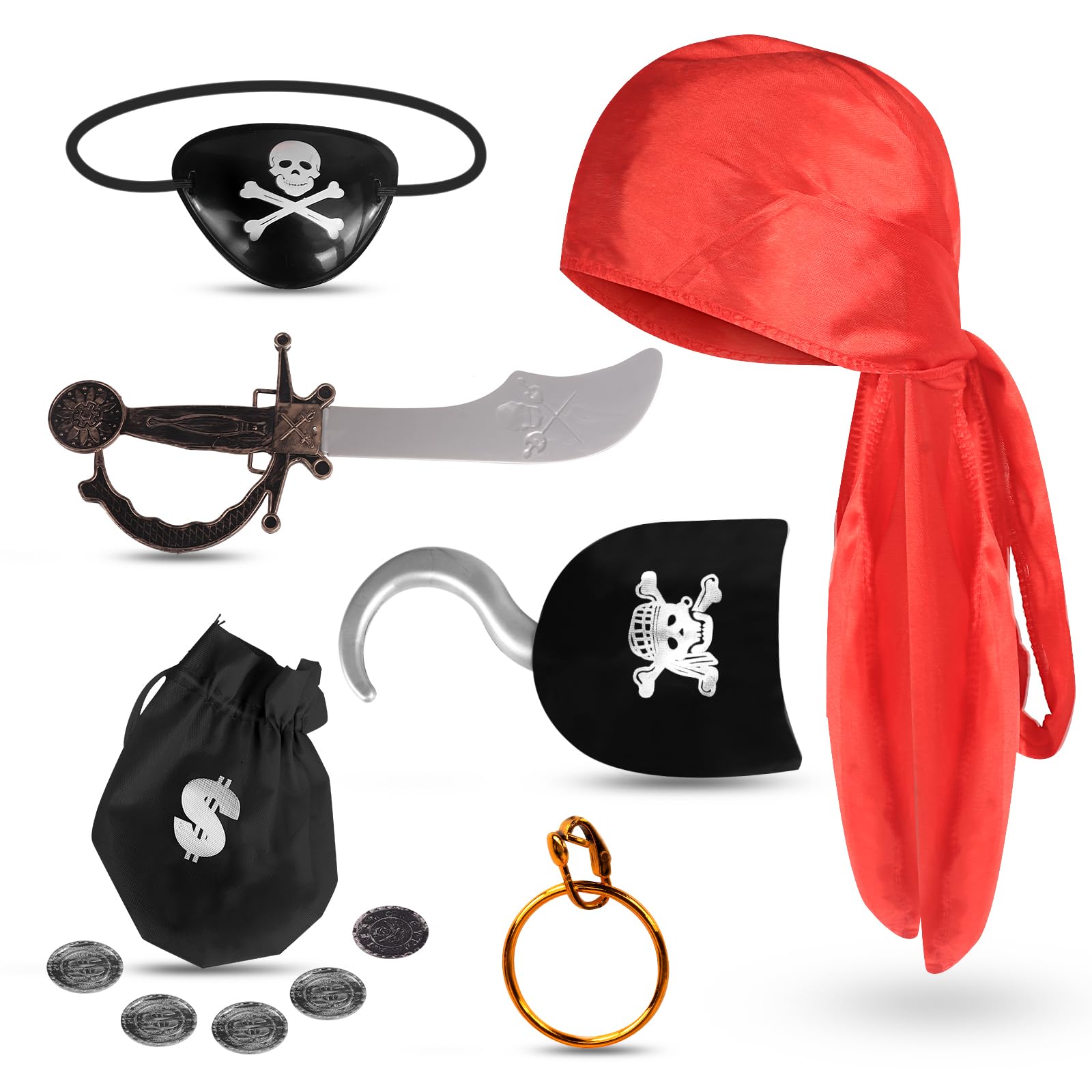 whatstem Pirate Costume for Kids 7PCS, Halloween Pirate Accessories Set for Boys Girls, Toddler Party Favors for Carnival Dress Up, Cosplay, Role Play Game