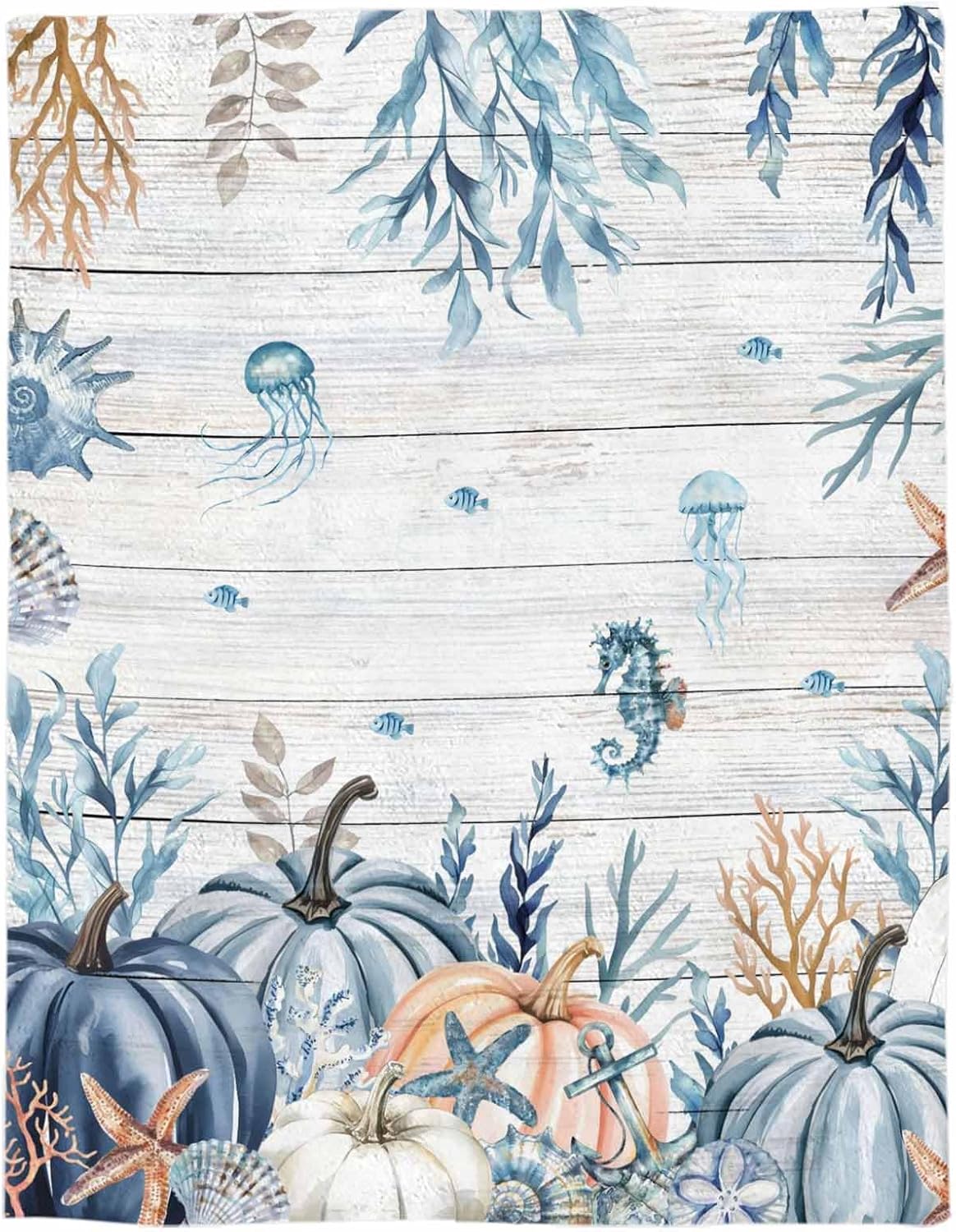 Orange Blue Coastal Fall Throw Blanket Flannel Microfiber Blanket, Thanksgiving Pumpkins Maple Leaf Fleece Blankets - 30 x 40 in, Soft Warm Cozy Lightweight Throw Blanket for Couch Sofa Bed