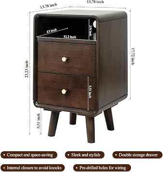 Narrow Nightstand, Solid Wood Night Stand, Mid Century Modern Side Table, 2 Drawers End Table w/Storage, Bedside Tables for Bedroom, 13.78 W x 13.78 D x 23.23 H Inches, Walnut Color
