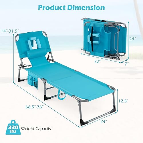 Miniatura 3 de COSTWAY Silla de salón plegable de playa, silla de bronceado con agujero para la cara, respaldo ajustable en 5 posiciones, almohada y bolsillo