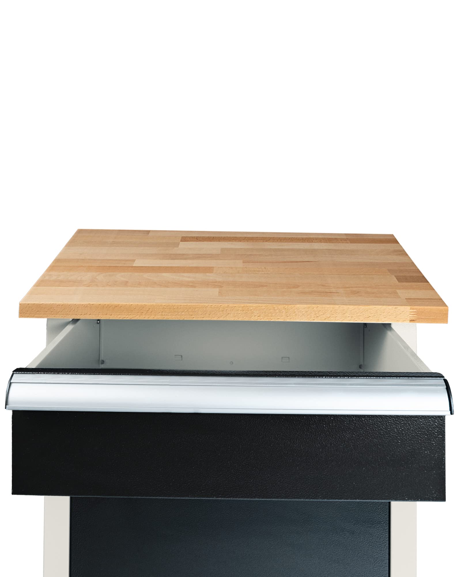 Ondis24 PRO Werkbank Finn 60cm Werktisch aus Metall mit 1 Tür 2 Schubladen und Aluminiumgriffen Schwarz Grau Arbeitshöhe 95cm wählbare Arbeitsplatte (Buche)