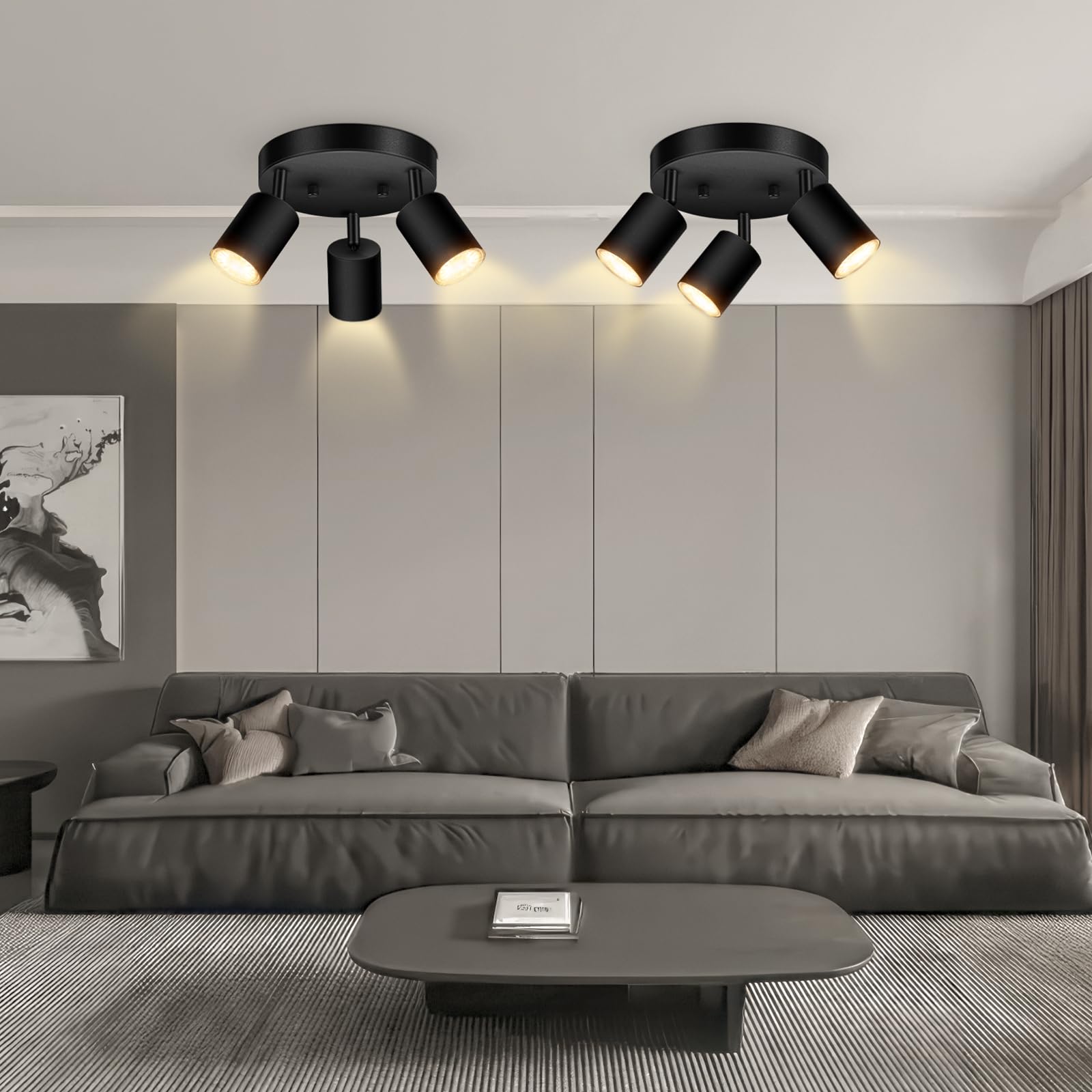3 luces de riel de iluminación de techo, foco de techo direccional redondo negro mate, GU10 de montaje empotrado para techo/pared, luz LED moderna ajustable para cocina/sala de estar, sin bombilla 7