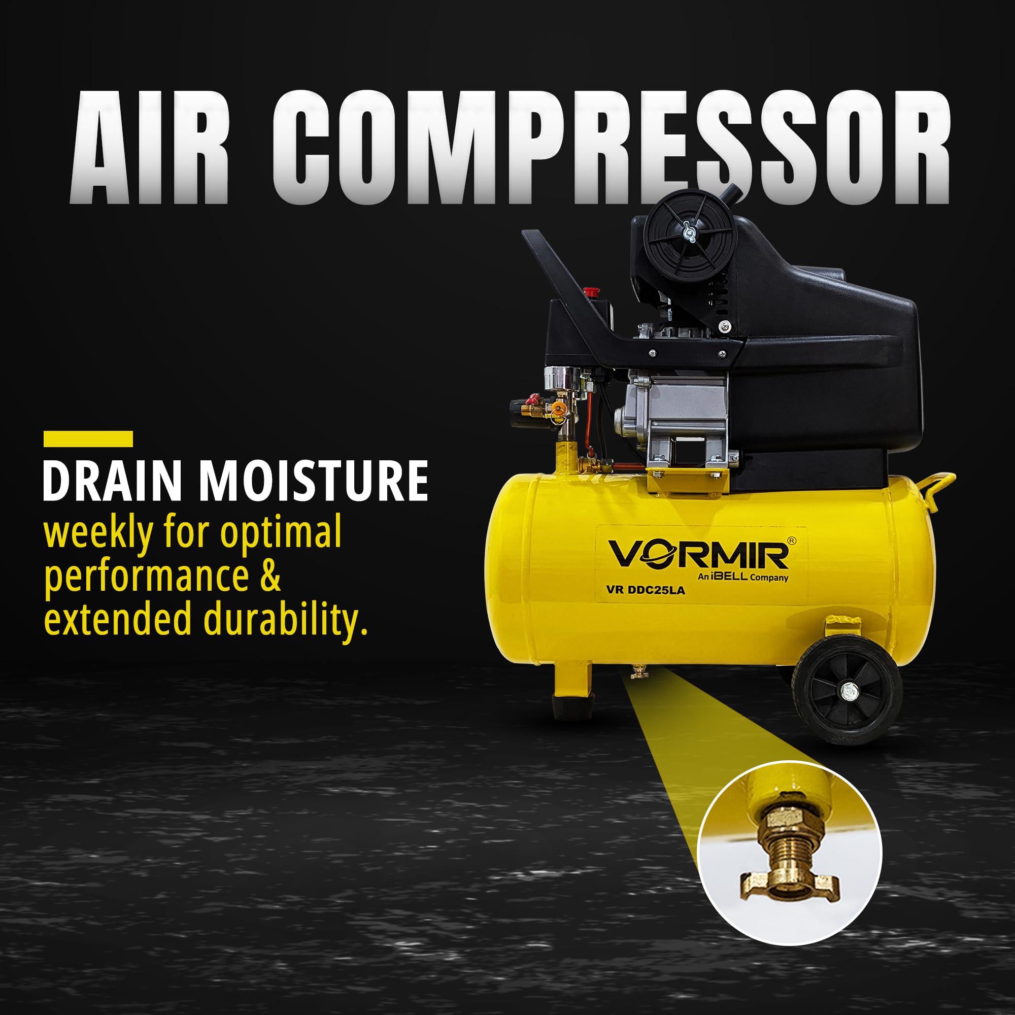 IBELL VORMIR VR DDC25LA 2.0HP Air Compressor - 25L Tank, 115 PSI Max Pressure, High-Performance & Compact Design - Image 5 thumbnail