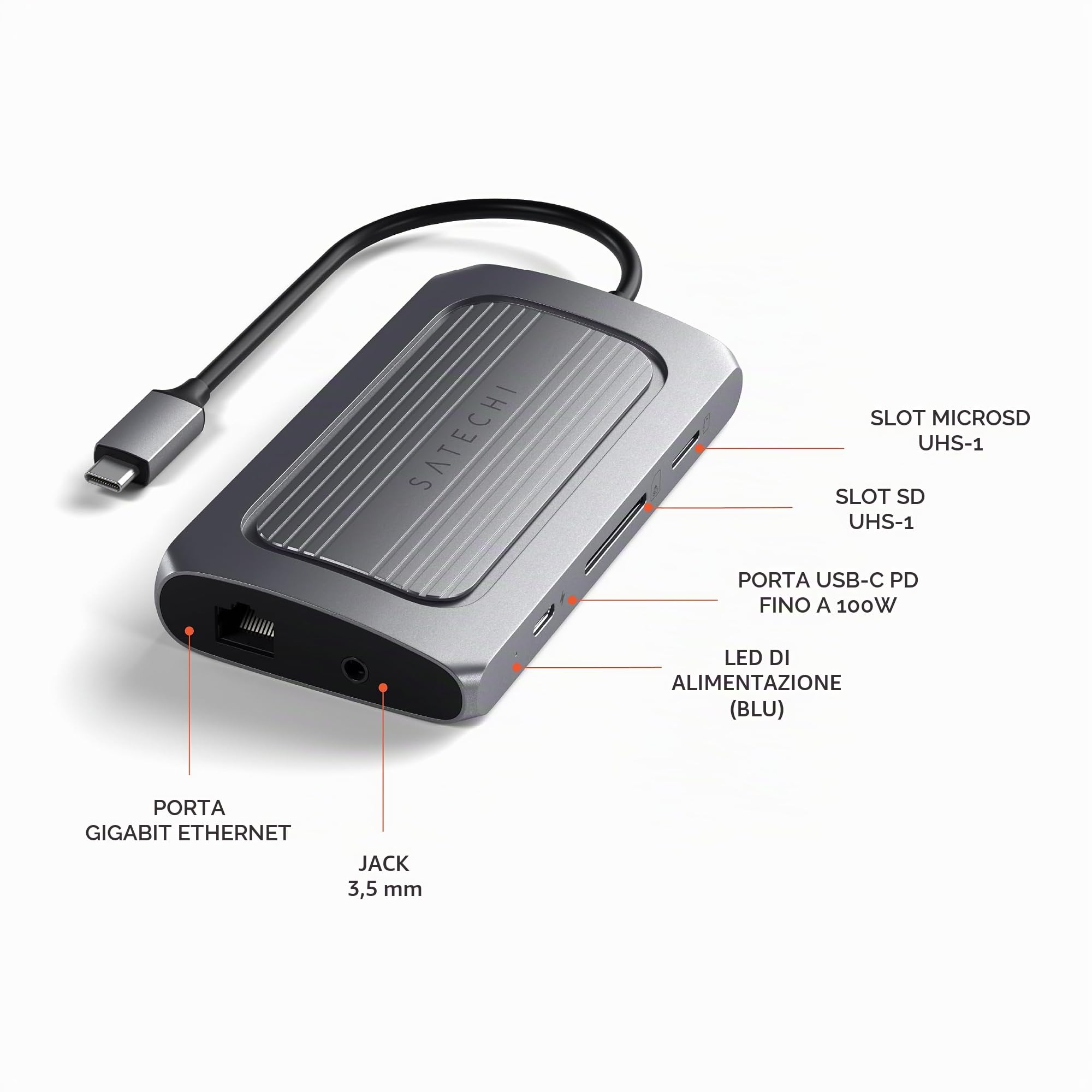 SATECHI Hub USB C 9 in 1 Multiporta, HDMI 8K, PD 100W, Grigio