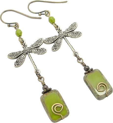 Boho Dragonfly Earrings in Olive Green and Brass 2.25 Inches Long