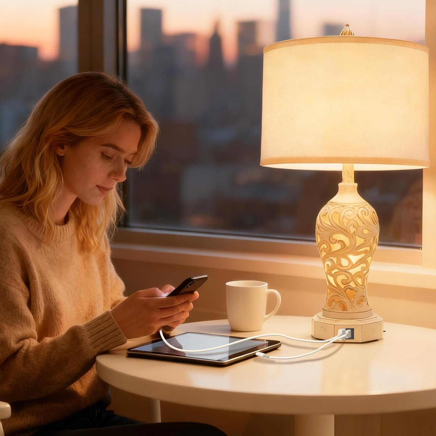 26.3’’ Dimmable Table Lamp, 3 Color Temperatures, Stepless Dimming, Hollow Out Resin Touch Lamp with USB A+C Ports, Night Stand Lamps Set of 2, Wash White Table Lamps for Living Room(Bulbs Included)