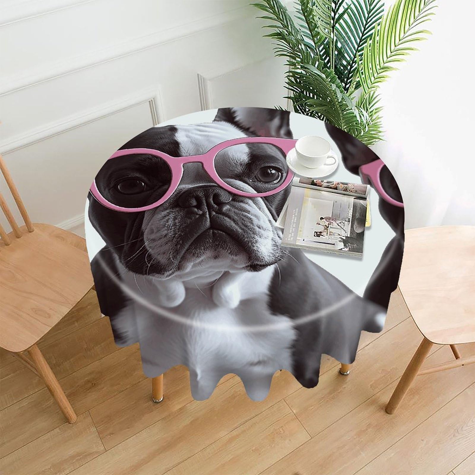 FodPand French Bulldog Pink Glasses Round Tablecloth - 60 Inch Premium Polyester Table Cloth, Fashion Wrinkle Resistant Decorative Table Cover for Dining Kitchen Party Buffet Tables