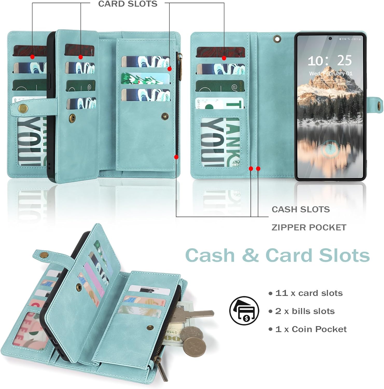 TwoHead for Samsung Galaxy S25 Ultra Wallet Case with Card Holder, Detachable Magnetic Phone Case for S25 Ultra,PU Leather All-Round Protective Phone Case Wallet with Wrist Strap,Blue - Image 4