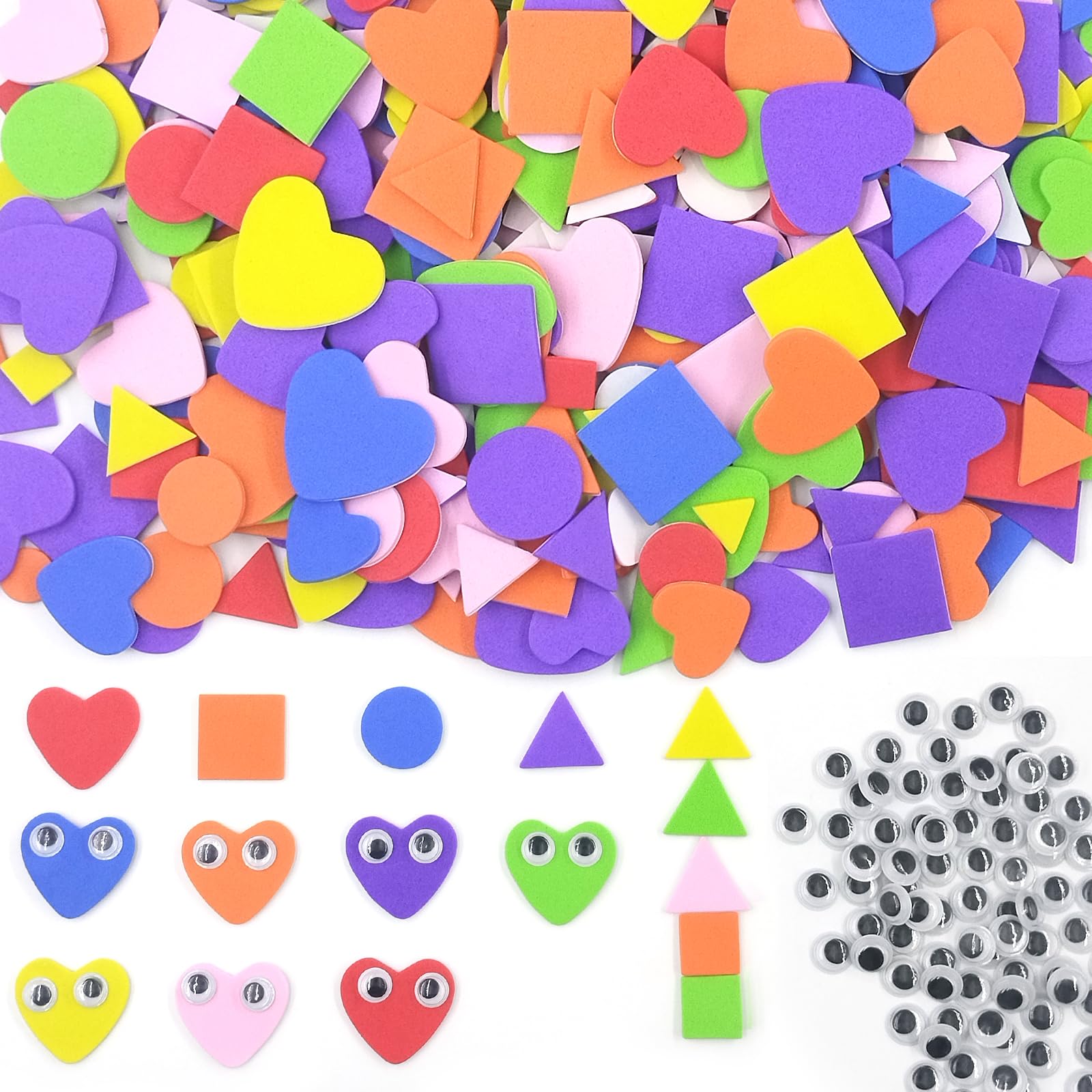 350 Pcs Foam Shapes & Stickers Geometry, Assorted Colors Foam Geometric Stickers with 100Pcs Googly Eyes, Mini Self Adhesive Craft Supplies for