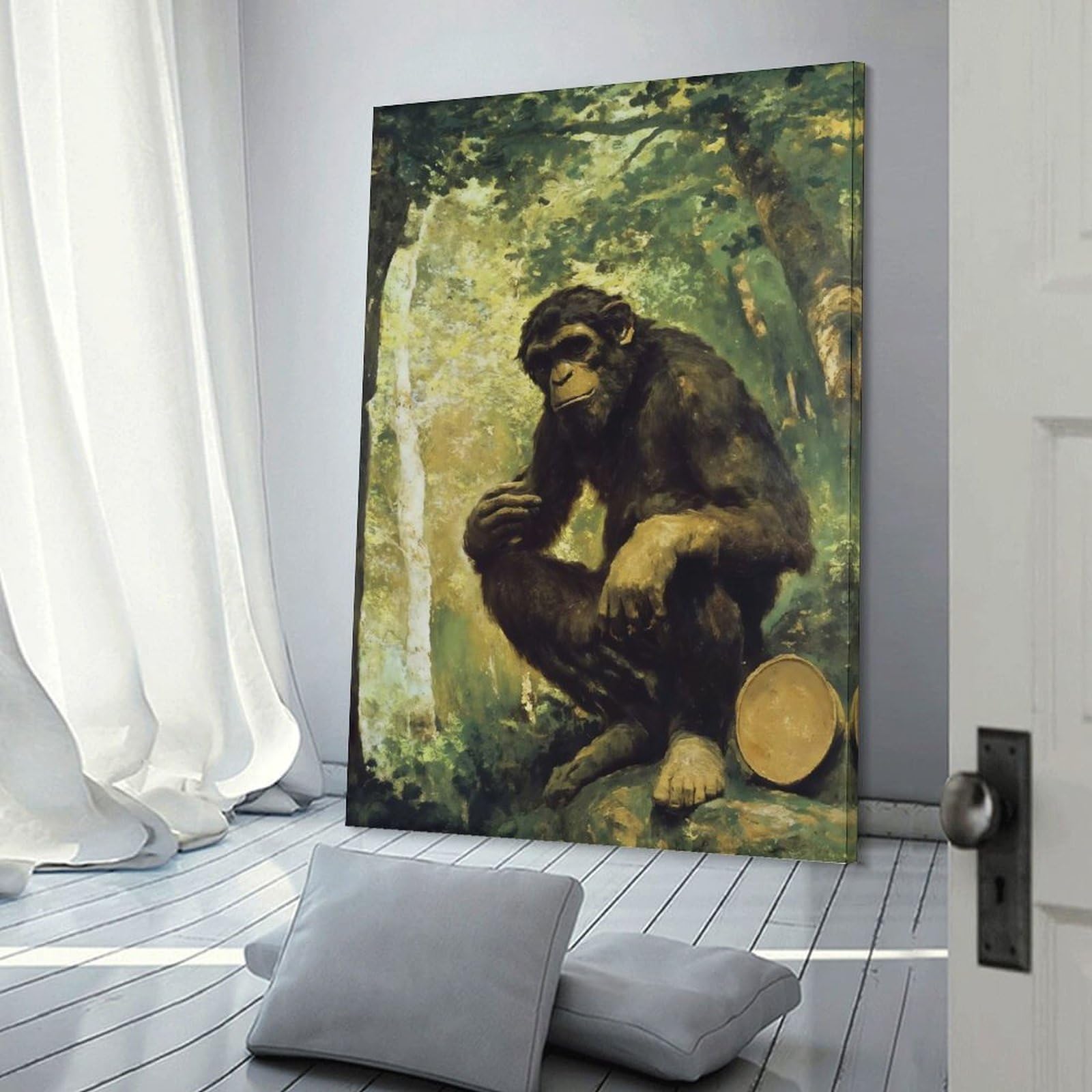 Junmoney Contemplative Chimpanzee in Forest Painting Canvas Wall Picture, 24x36inch(60x90cm), for Wall Displays, Bedrooms Or Room Updates, Wall Decor Suited to Curated Displays