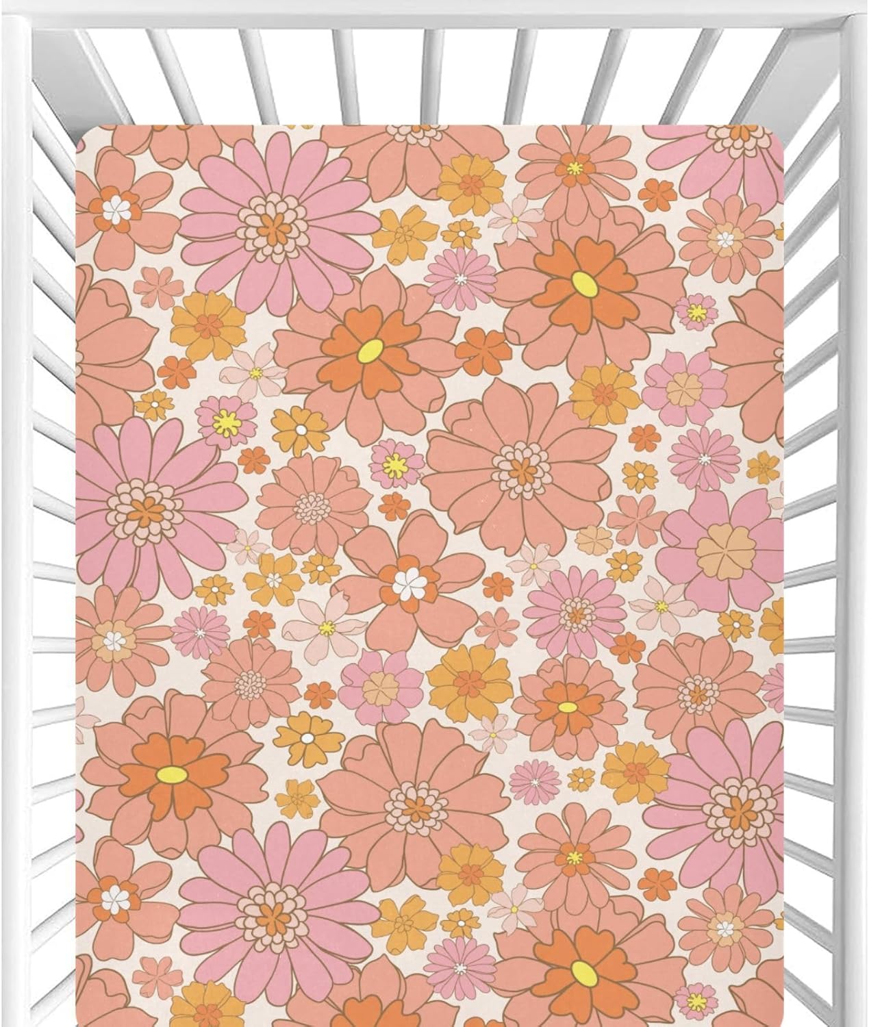 CaTaKu Retro Orange Flower Baby Crib Sheets Mini Crib Sheets Fitted for Boys Girls, Neutral Crib Mattress Sheet Toddler Bed Sheets, 27"x 39"