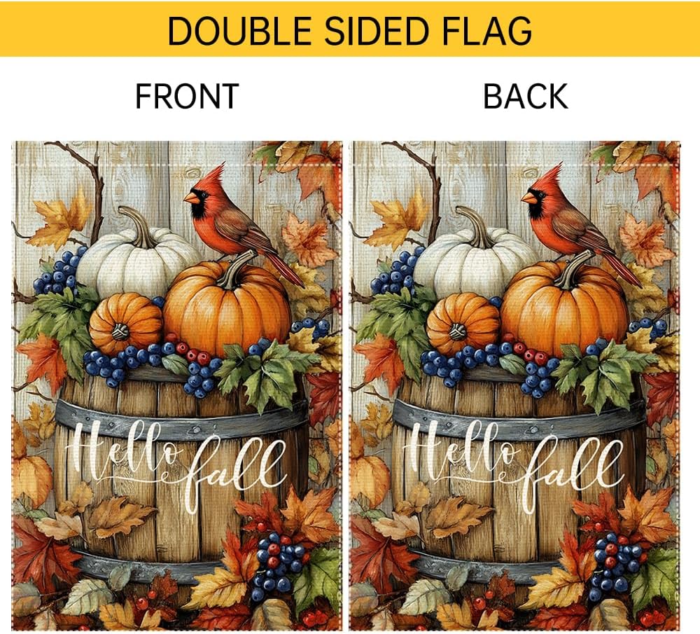 Welcome Fall Cardinal Garden Flag, Autumn Pumpkin Harvest Wooden Barrel Outdoor For Decor, 12x18 Inch Double Sided Burlap Maple Leaf Farmhouse Home Decor Yard Party Thanksgiving Decoration - Image 6